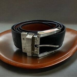 Mens Black Genuine Leather Silver Buckle Dress Belt Sz 50 Waist Excellent